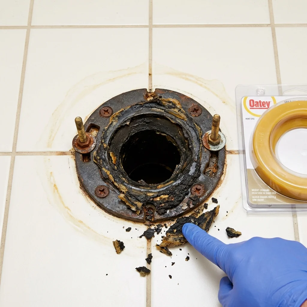 Failed wax ring showing water seepage at the base of a toilet in a Boonville, MO home