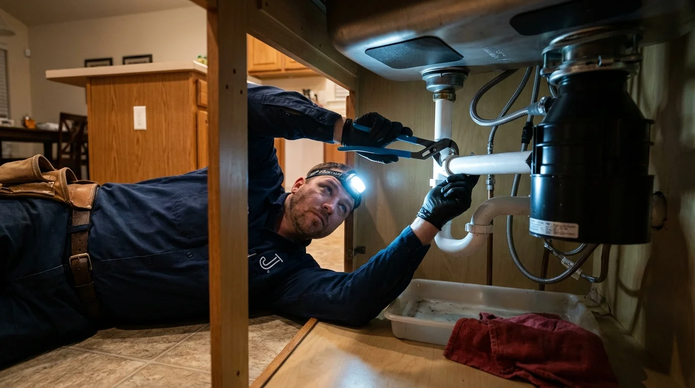 P-trap and supply line connections under a kitchen sink showing a common leak point in Boonville, MO